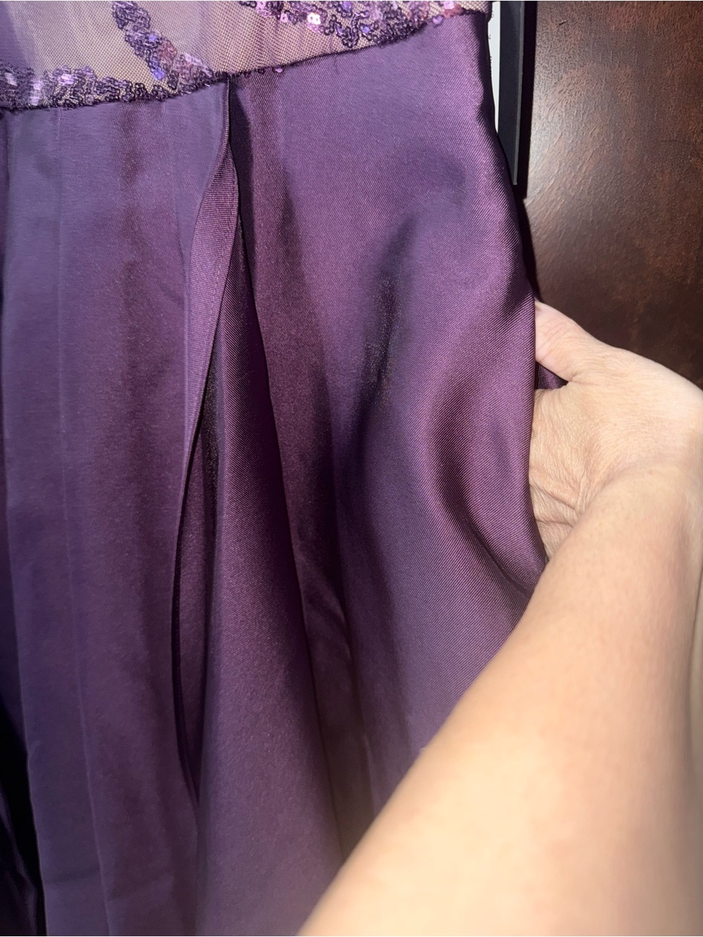 Marina Plum Sequin Bodice High-Low Gown with Bow and Pockets - Picture 5 of 6